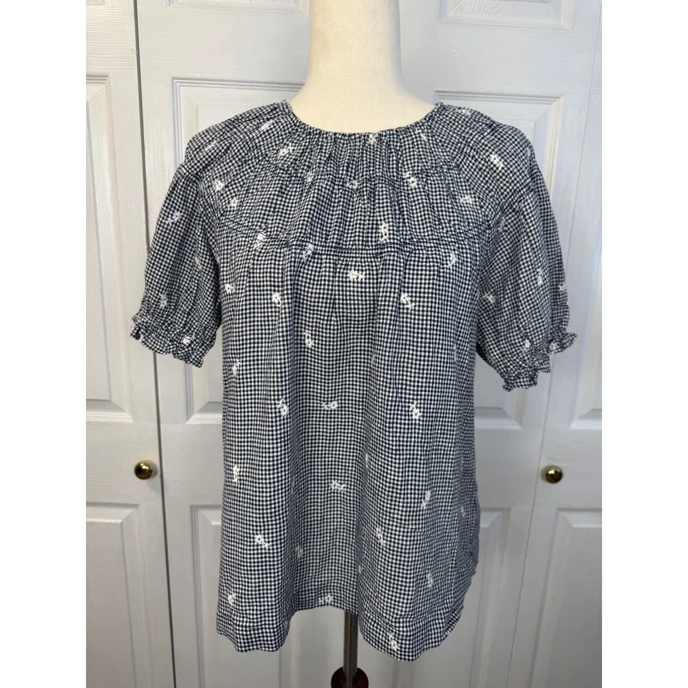 NEW Madewell Linen Blend Gingham Embroidered Floral Puff Sleeve Blouse Top S